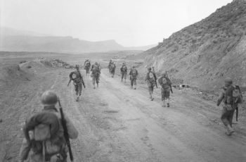 U.S. 94th Tank Destroyer Group in the Kasserine Pass, Tunisia. On Feb. 25, 1943 a reconnaissance group returns to the scene of the Allied defeat of Feb. 19–24, 1943. World War 2. (BSLOC_2014_10_15)